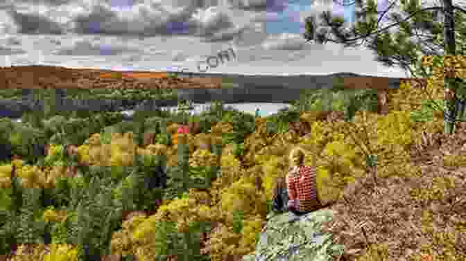 A Cyclist Riding Through A Challenging Climb In The Haliburton Highlands, Surrounded By Towering Mountains And Lush Forests, With A View Of A Sparkling Lake In The Distance. Cycling In Central Ontario Elaine Bertolotti