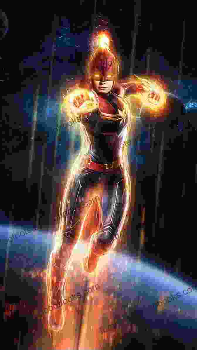 Captain Marvel Flying Through Space With A Determined Expression Captain Marvel: Higher Further Faster